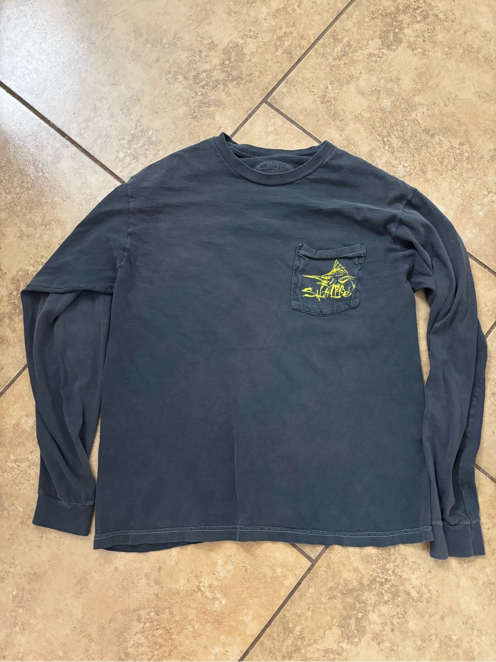 Salt Life Navy Long Sleeve Pocket Tee with Yellow Chest Graphic